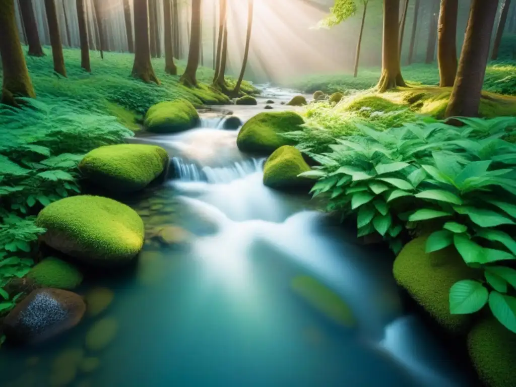 Un bosque exuberante con luz solar filtrándose entre las hojas, reflejando en un arroyo cristalino