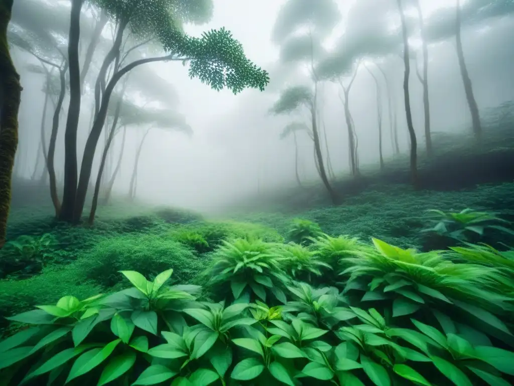 Bosque exuberante con luz solar filtrándose entre el dosel, reflejando vida vegetal diversa