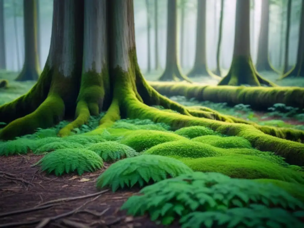 Un bosque exuberante con luz solar entre hojas, resaltando un tronco de árbol con musgo verde