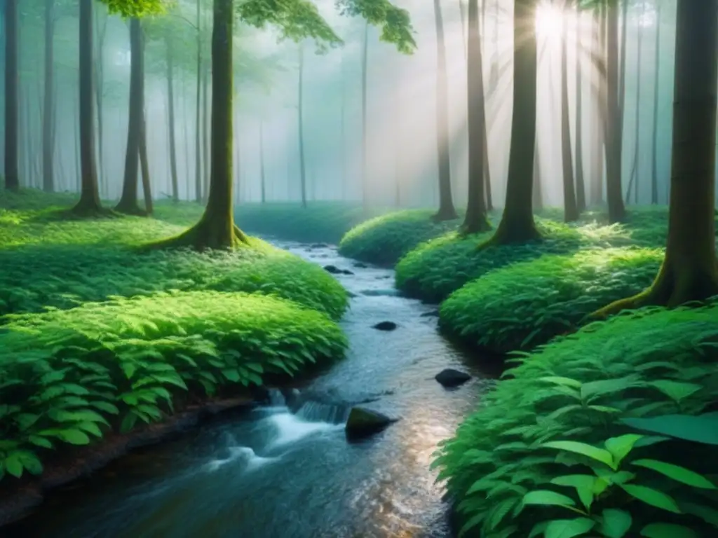 Un bosque exuberante con luz solar filtrándose entre las hojas, creando sombras en el suelo