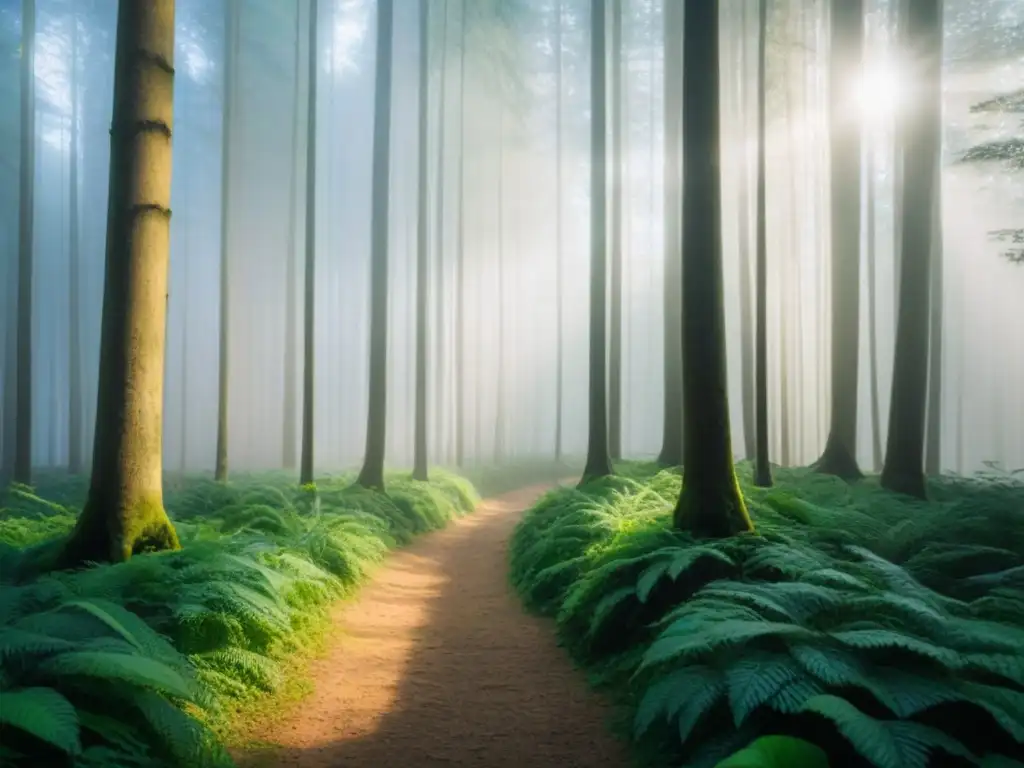 Un bosque exuberante con luz solar filtrándose entre las hojas, mostrando la belleza y tranquilidad de la naturaleza