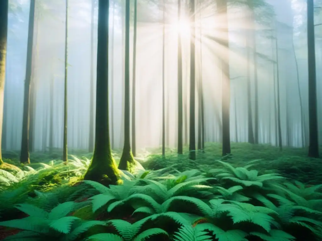 Un bosque exuberante con luz solar filtrándose entre las hojas, mostrando la belleza y tranquilidad de la naturaleza