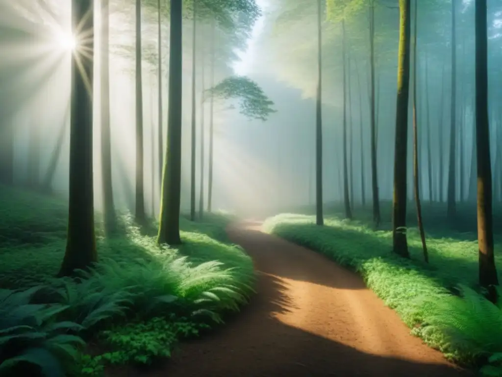 Un bosque exuberante con luz solar filtrándose entre las hojas, resaltando la belleza y tranquilidad de los materiales naturales en el ambiente