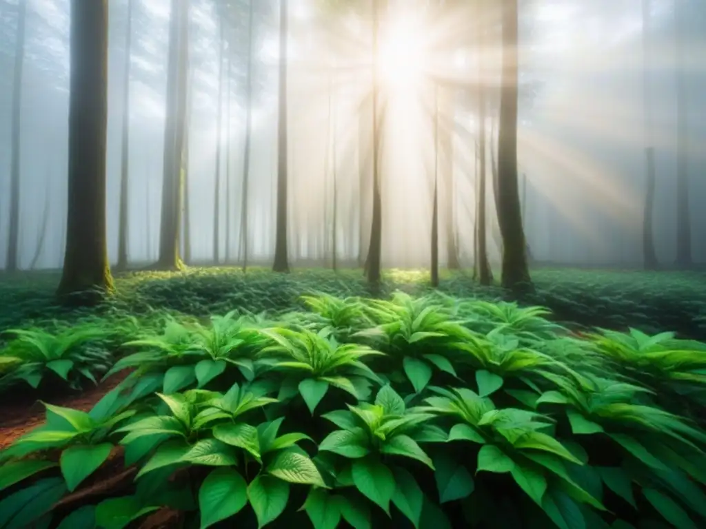 Un bosque exuberante con luz solar filtrándose entre las hojas, mostrando la belleza y tranquilidad de la naturaleza