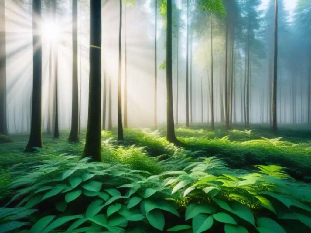 Un bosque exuberante con luz solar filtrándose entre las hojas, creando sombras moteadas en el suelo del bosque