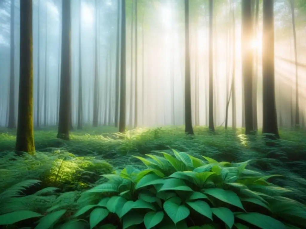 Un bosque exuberante con luz solar filtrándose entre las hojas, creando sombras en el suelo