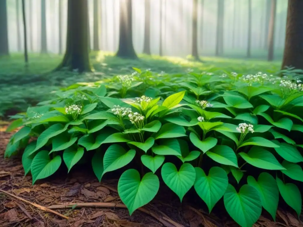 Un bosque exuberante con luz solar entre las hojas verdes, destacando una delicada flor silvestre