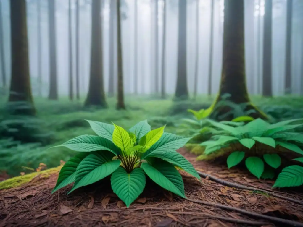 Un bosque exuberante con luz solar filtrándose entre el dosel, creando sombras en el suelo