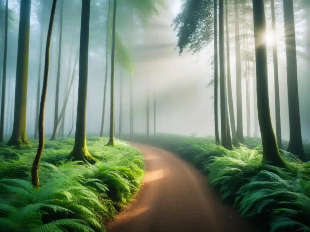 Un bosque exuberante con luz solar filtrándose entre el dosel, simbolizando la belleza y pureza de la naturaleza