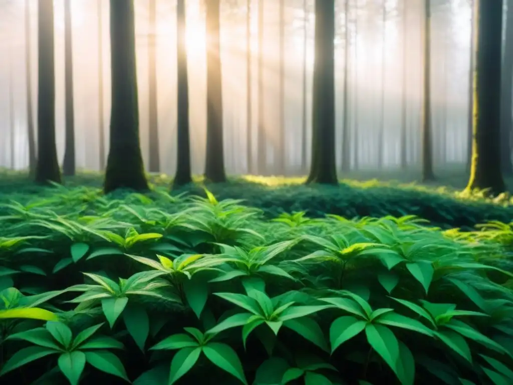 Un bosque exuberante con luz solar filtrándose entre las hojas, reflejando la belleza y serenidad de la naturaleza