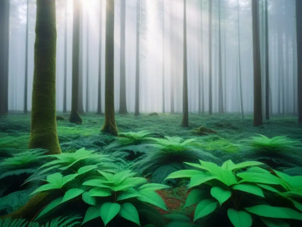 Un bosque exuberante con luz solar filtrándose entre las hojas, creando una belleza serena y sostenible