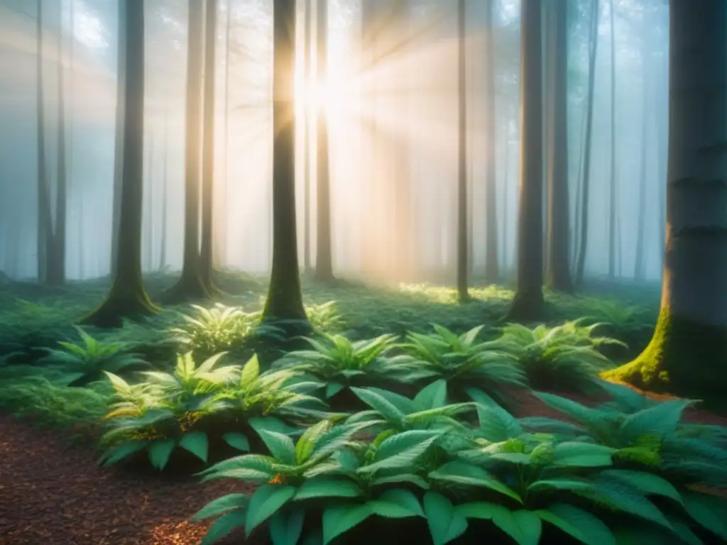 Bosque exuberante con luz solar filtrándose entre los árboles, creando sombras suaves