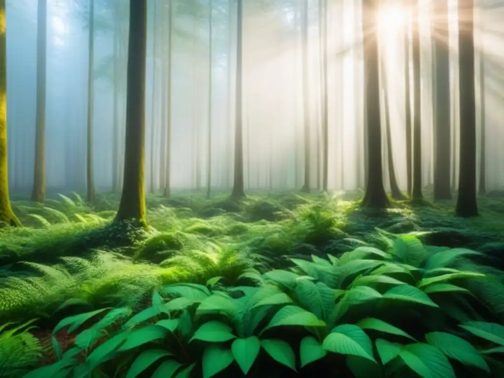 Un bosque exuberante con luz solar filtrándose a través de la vegetación, reflejando la importancia de la economía circular y el consumo sostenible