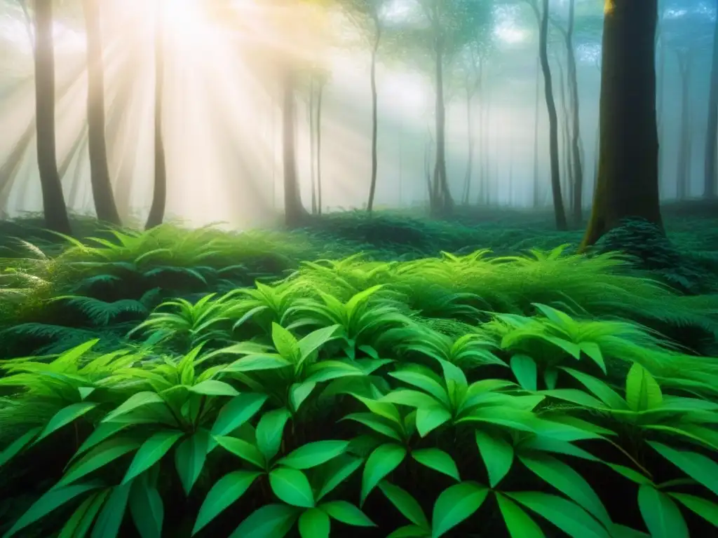 Bosque verde exuberante: detalle y serenidad Un bosque exuberante con luz solar entre las hojas, detallado y minimalista, evocando conservación y sostenibilidad