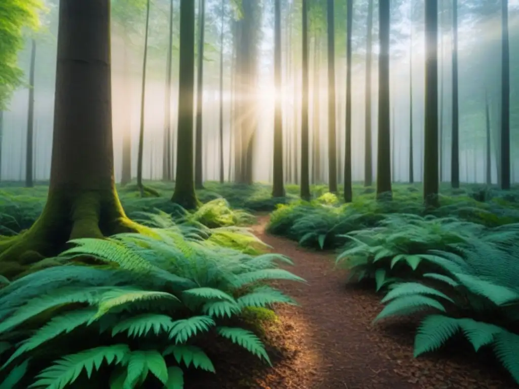 Un bosque exuberante con luz solar filtrándose entre las hojas, creando sombras en el suelo