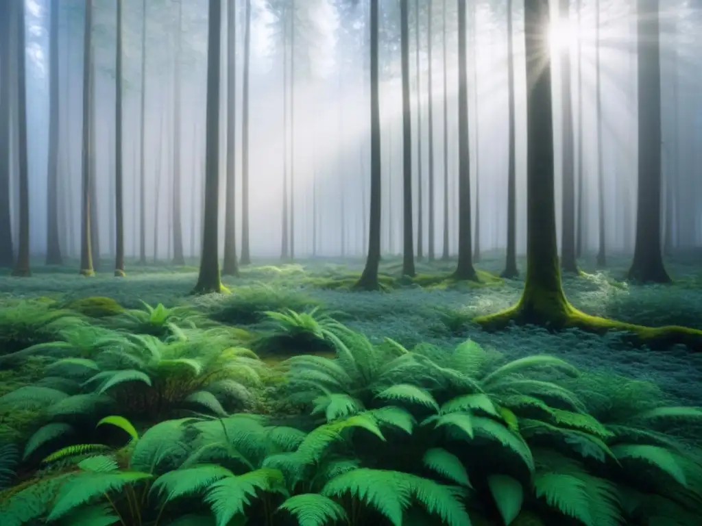 Bosque exuberante con luz solar filtrándose entre los árboles, resaltando la importancia de las campañas de reforestación sostenible