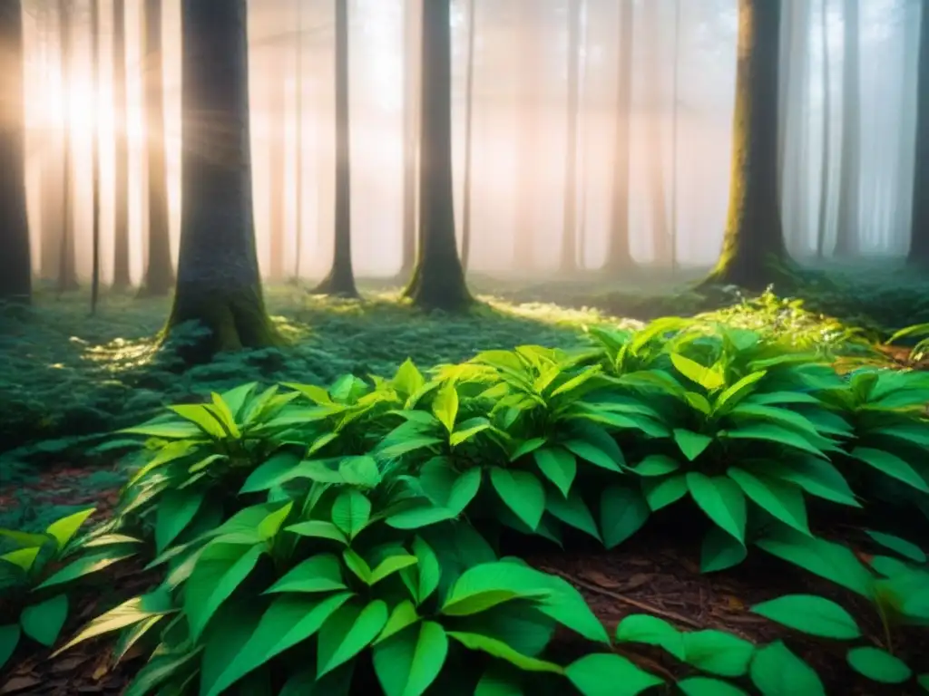 Un bosque exuberante con luz solar filtrándose entre las ramas, creando sombras detalladas en el suelo