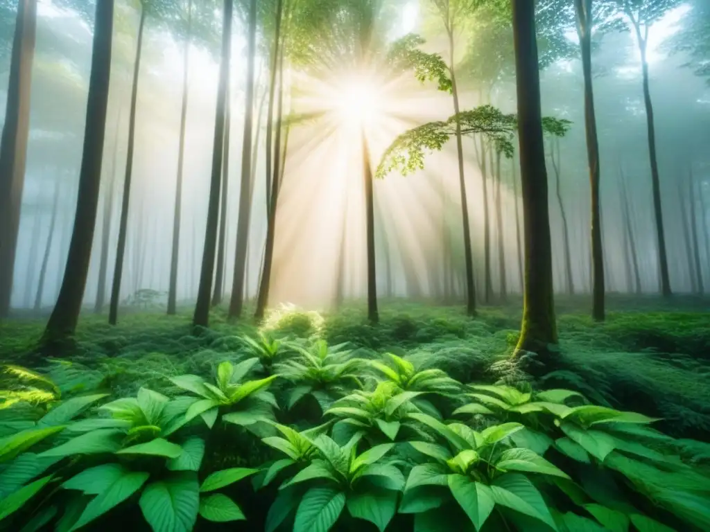 Bosque exuberante con luz solar filtrándose entre el dosel, resaltando la diversidad de plantas