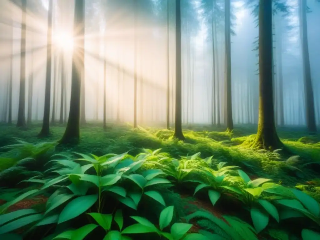 Un bosque exuberante con luz solar filtrándose entre el dosel, creando sombras suaves