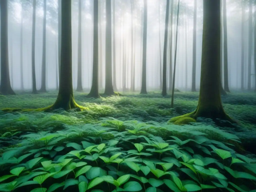 Un bosque exuberante con luz solar filtrándose entre las hojas, creando sombras en el suelo