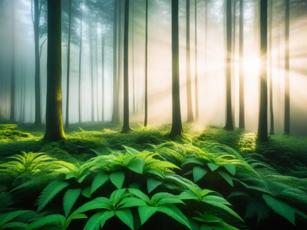 Un bosque exuberante con luz solar filtrándose entre las hojas, evocando la belleza de la naturaleza en su forma más pura