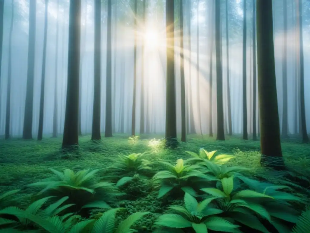 Un bosque exuberante con luz solar filtrándose entre las hojas, creando sombras