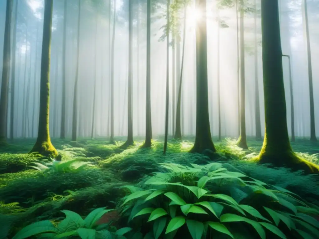 Un bosque exuberante con luz solar filtrándose entre el dosel, iluminando la vegetación vibrante