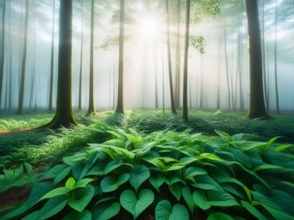 Un bosque exuberante con luz solar filtrándose entre las hojas, creando un suave efecto moteado en el suelo