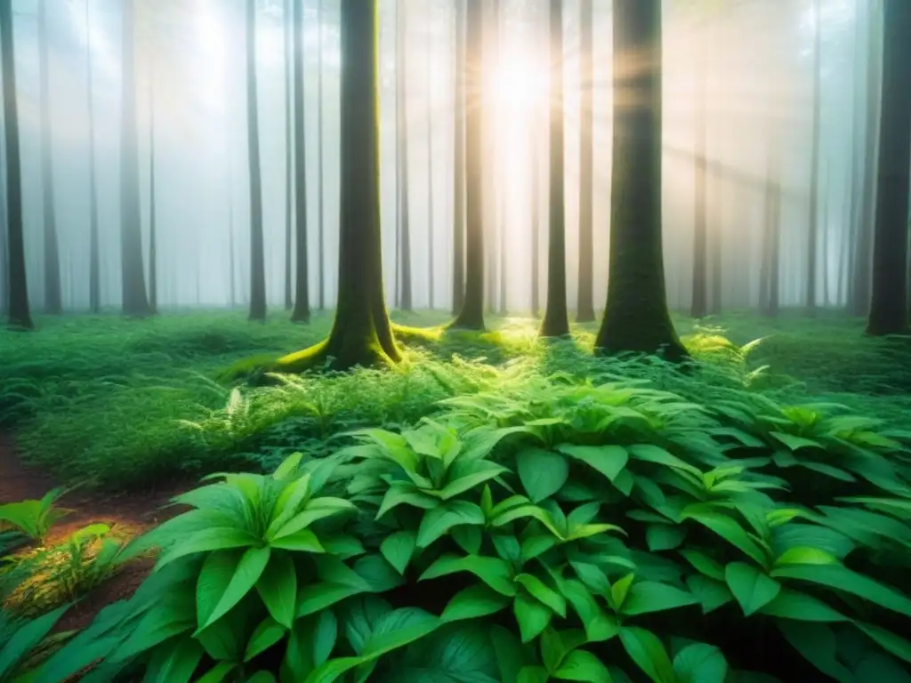 Un bosque exuberante con luz solar filtrándose entre las hojas, simbolizando los beneficios de los bonos verdes en la transición energética