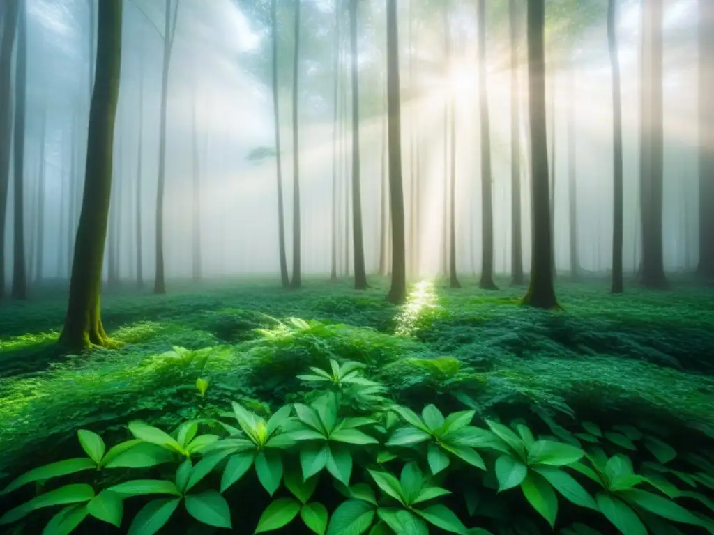 Un bosque exuberante con luz solar filtrándose entre las hojas, creando sombras en el suelo