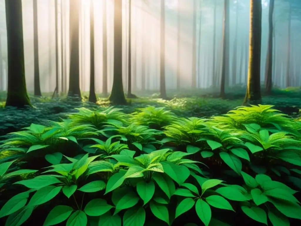 Un bosque exuberante con luz solar filtrándose entre el dosel, creando sombras moteadas en la vegetación vibrante