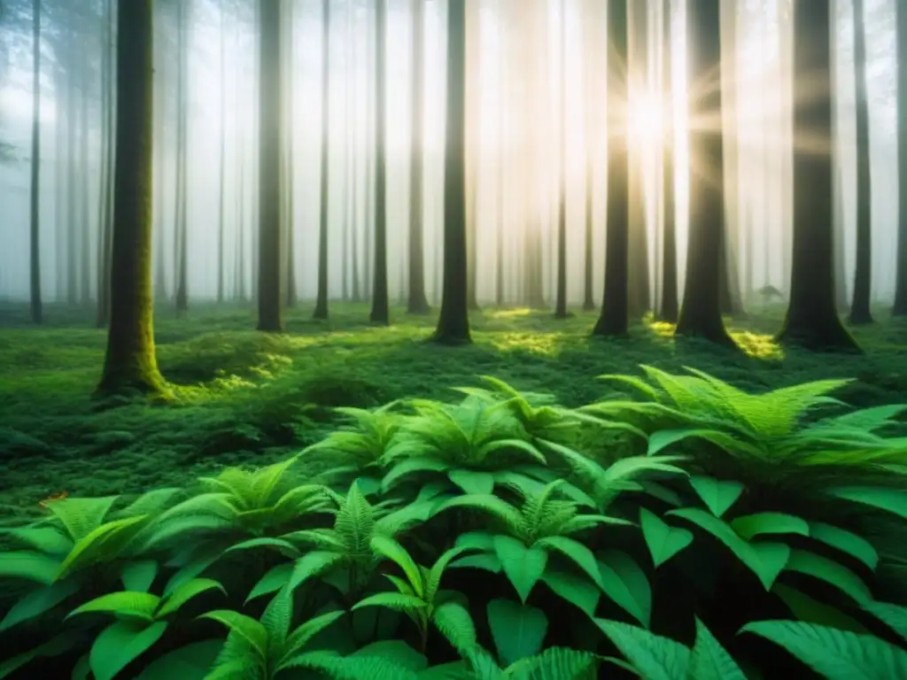 Un bosque exuberante con luz solar filtrándose entre las hojas, muestra una variedad de árboles y plantas en detalle