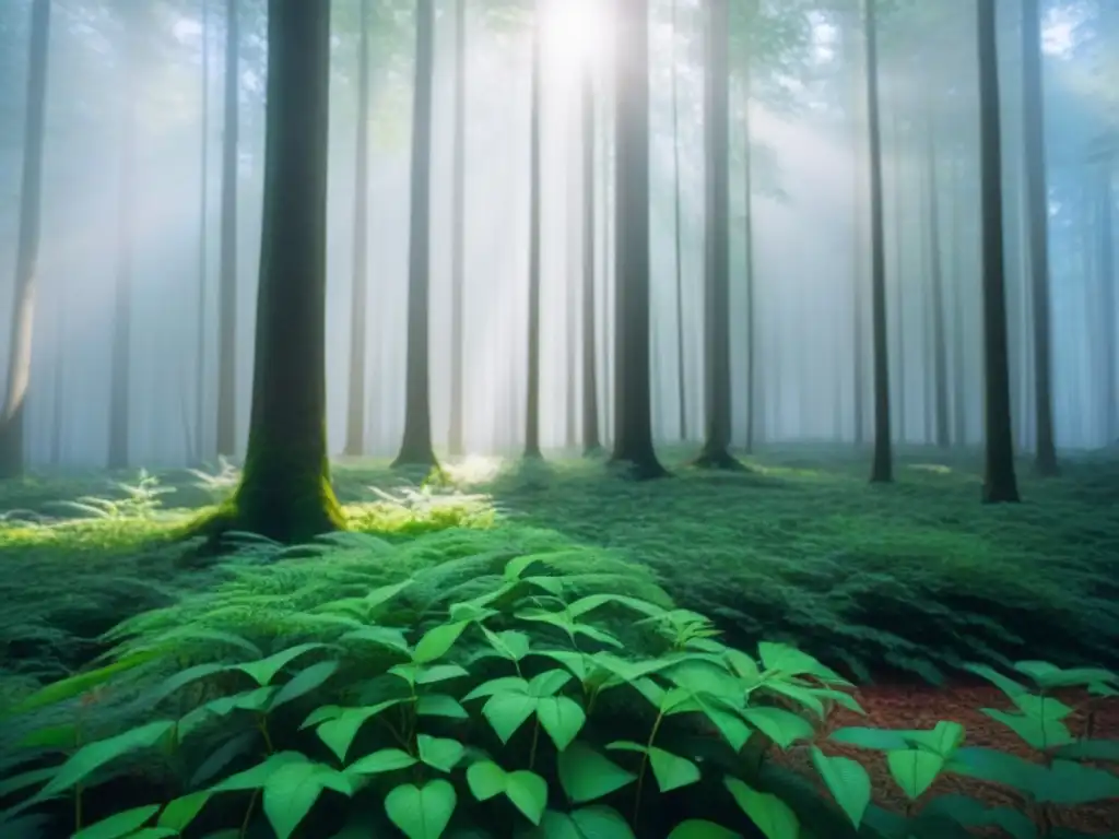 Un bosque exuberante con luz solar filtrándose entre las hojas, creando sombras en el suelo