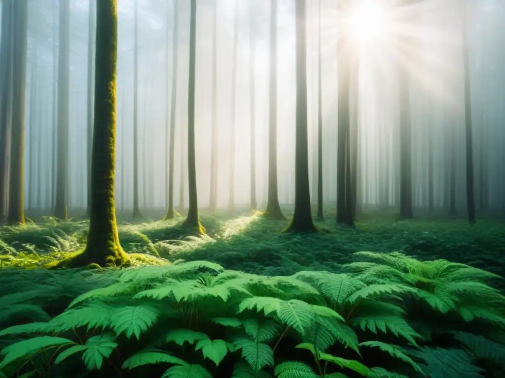 Un bosque exuberante con luz solar filtrándose entre las hojas, resaltando la belleza y sostenibilidad de las regulaciones bonos verdes sostenibles