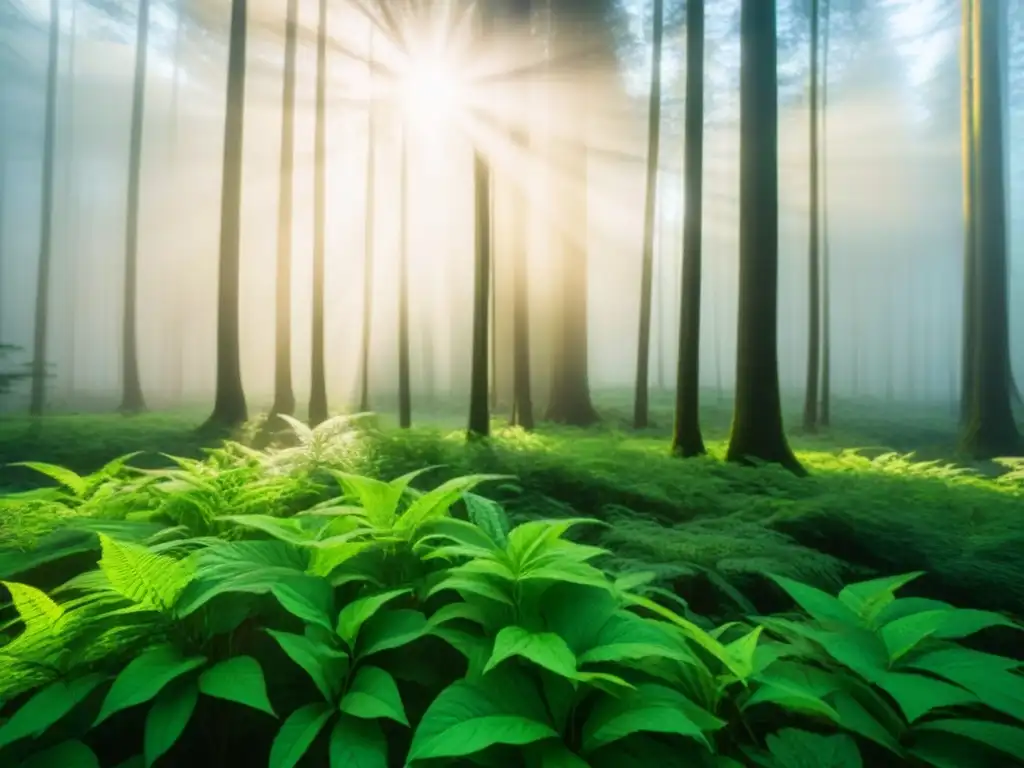 Bosque exuberante con luz solar entre las hojas, simbolizando la resiliencia de la naturaleza y la importancia de los bonos verdes y COVID19