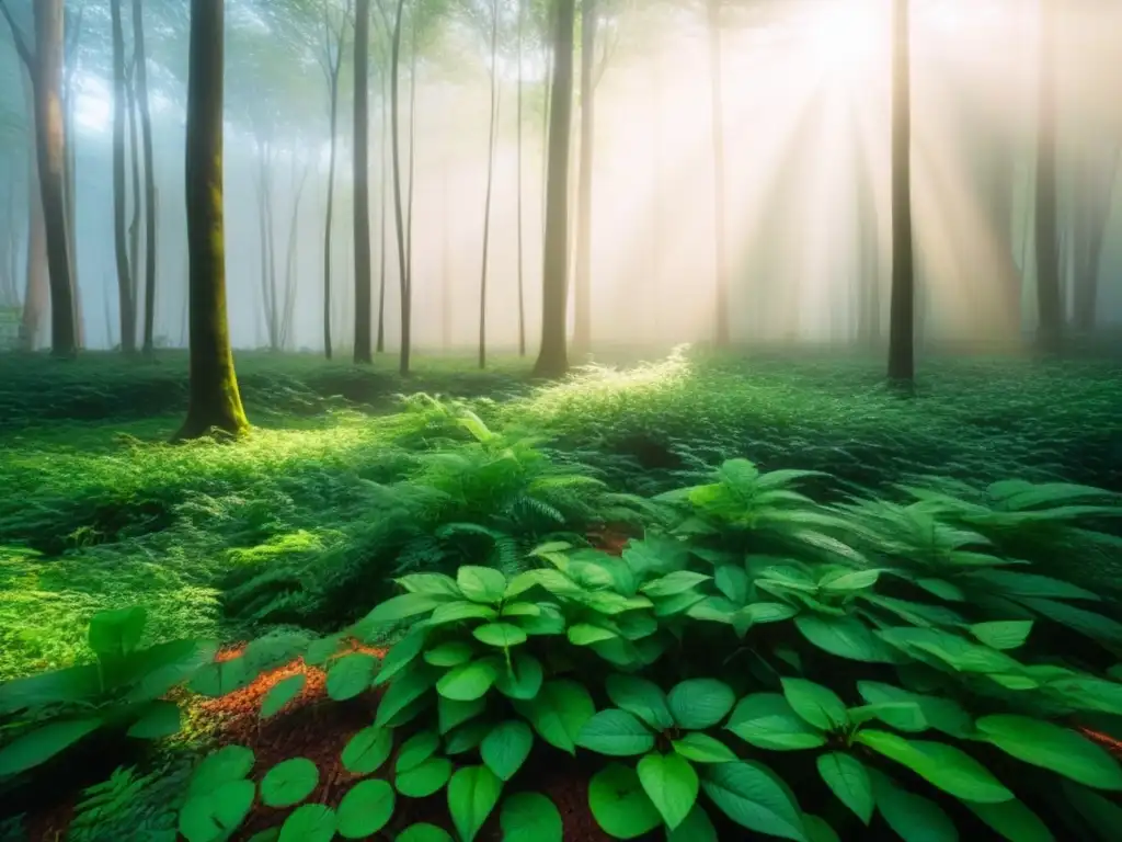 Un bosque exuberante con luz solar filtrándose entre las hojas, creando sombras en el suelo