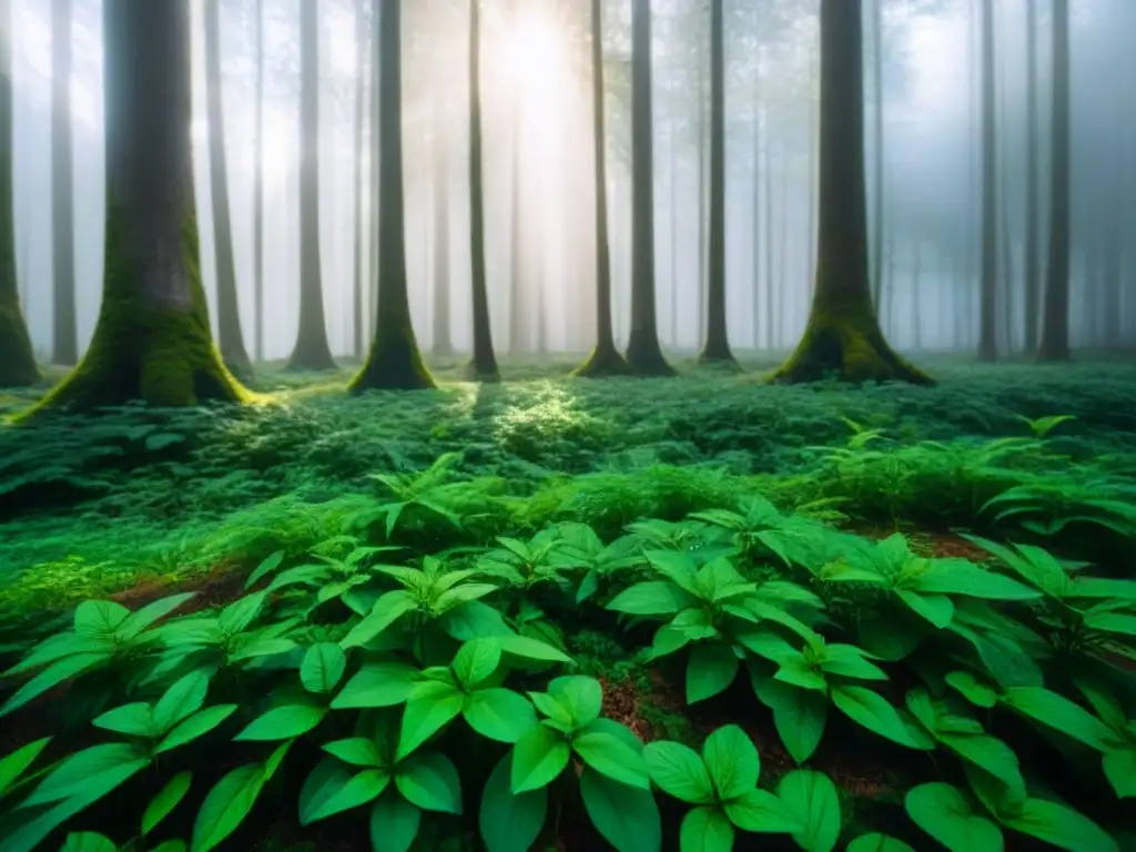 Un bosque exuberante con luz solar filtrándose entre el dosel, resaltando los tonos verdes vibrantes en las hojas