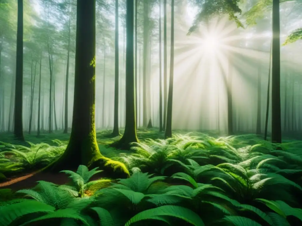 Un bosque exuberante con luz solar filtrándose entre el dosel, creando un ambiente tranquilo y ecológico para organizar proyecciones cine ecológico