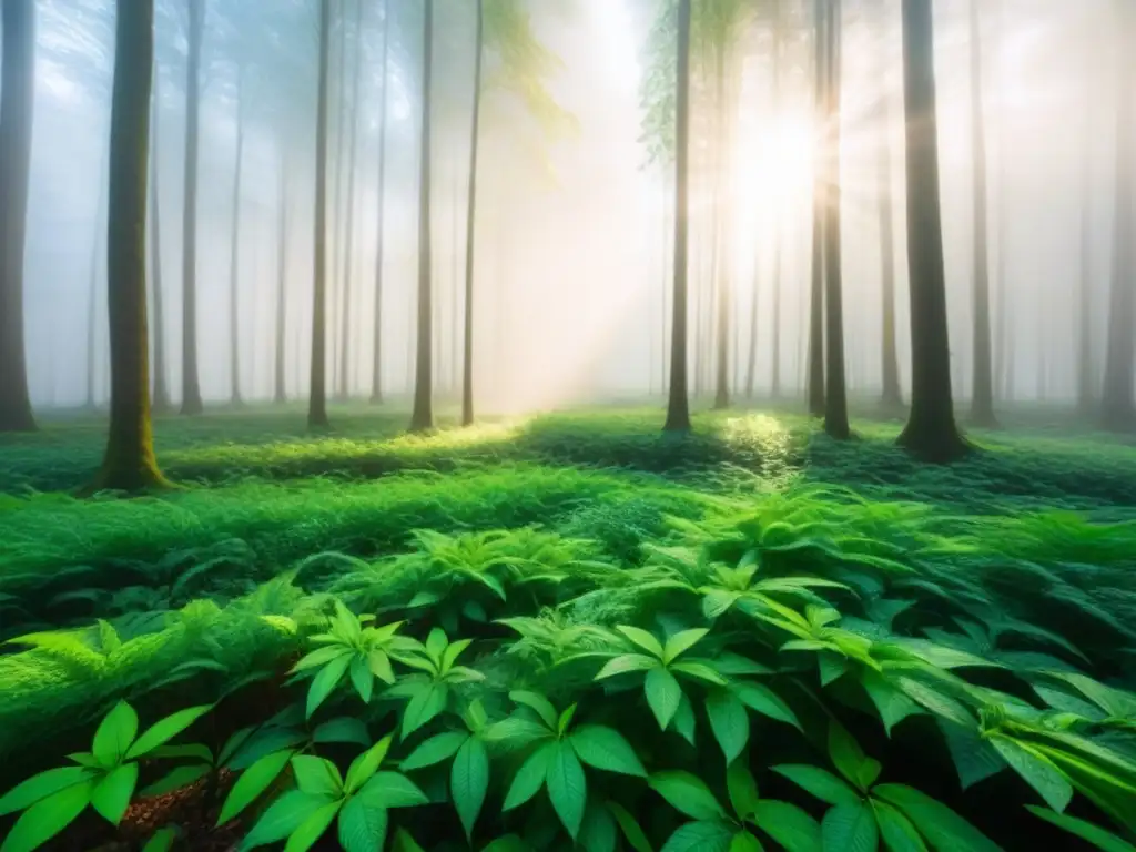 Un bosque exuberante con luz solar filtrándose entre las hojas, proyectando sombras suaves en el suelo