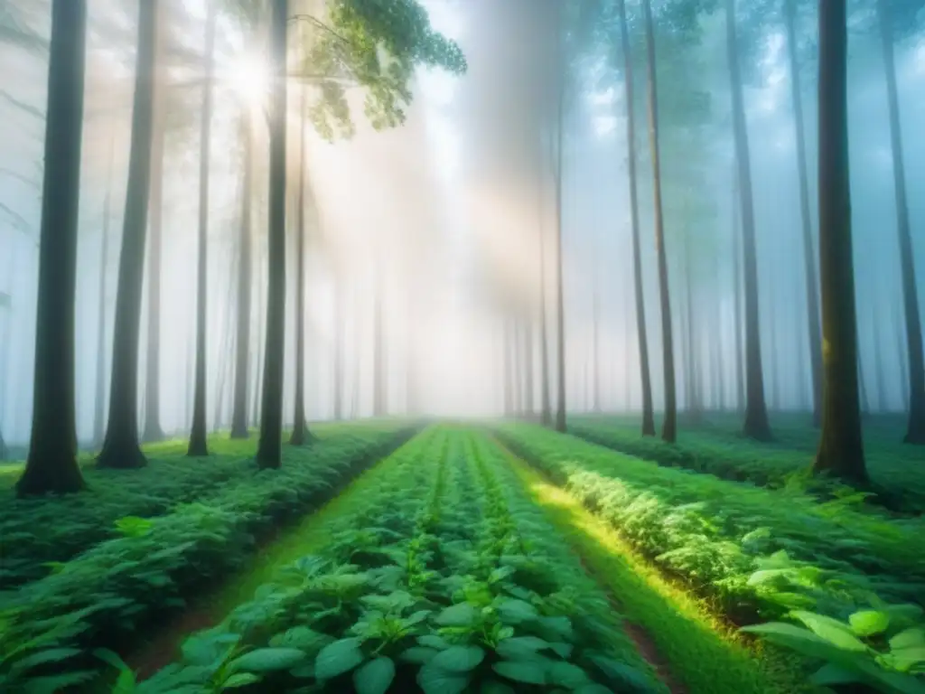 Un bosque exuberante con luz solar filtrándose entre las hojas, creando sombras suaves en el suelo