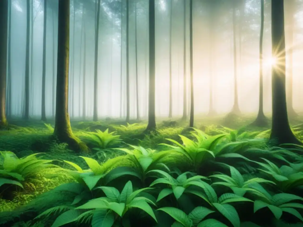 Un bosque exuberante con luz solar filtrándose entre las hojas, mostrando la belleza y tranquilidad de la naturaleza en un entorno sostenible