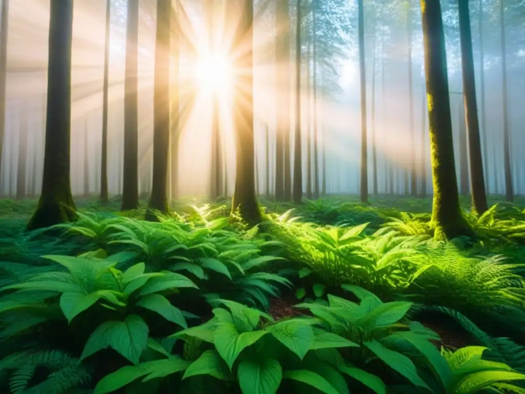 Un bosque exuberante con luz solar entre las hojas, sombras intrincadas en el suelo