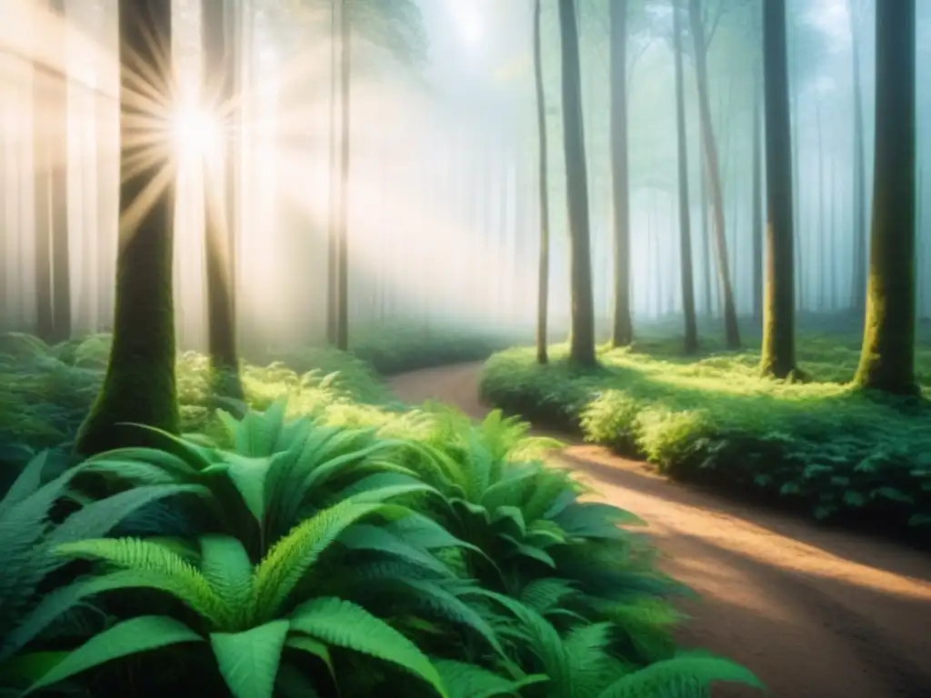 Un bosque exuberante con luz solar filtrándose a través del dosel, mostrando un ecosistema armonioso y tranquilo