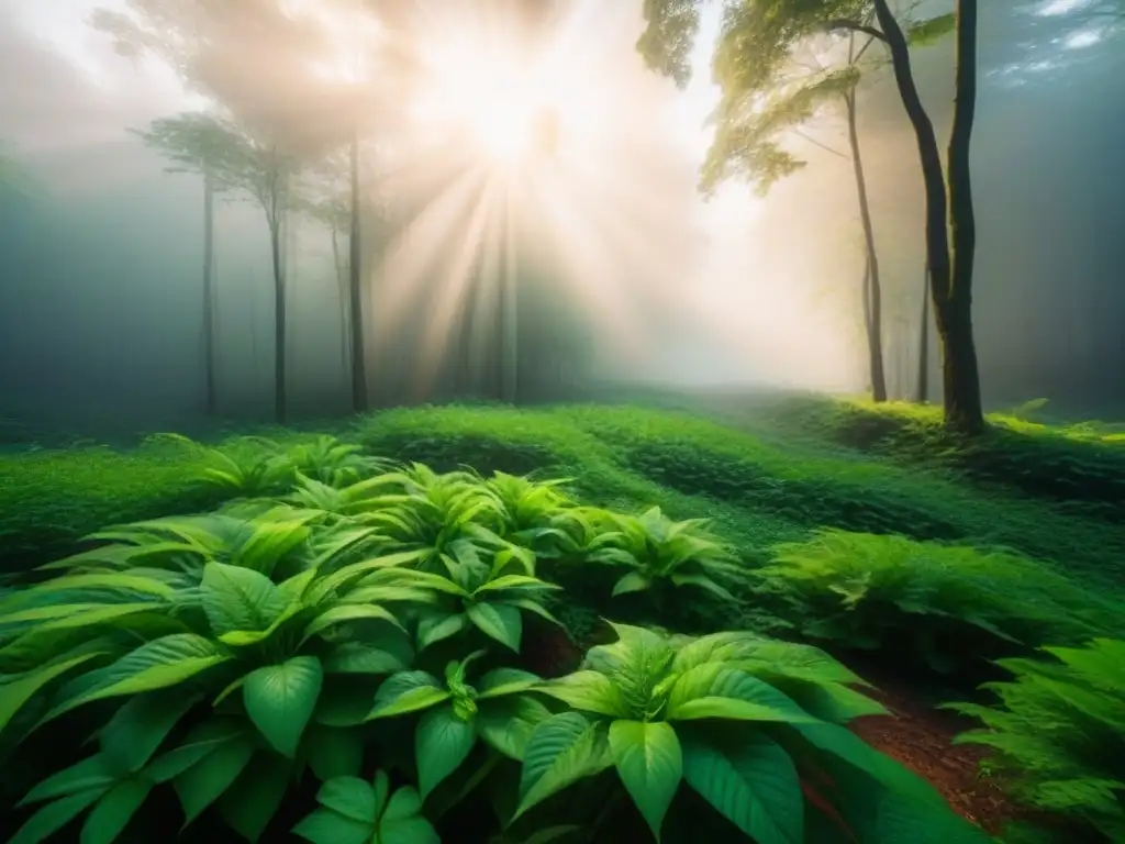 Un bosque exuberante con luz solar filtrándose entre las hojas, destacando la importancia de la naturaleza en la salud y el impacto del cambio climático