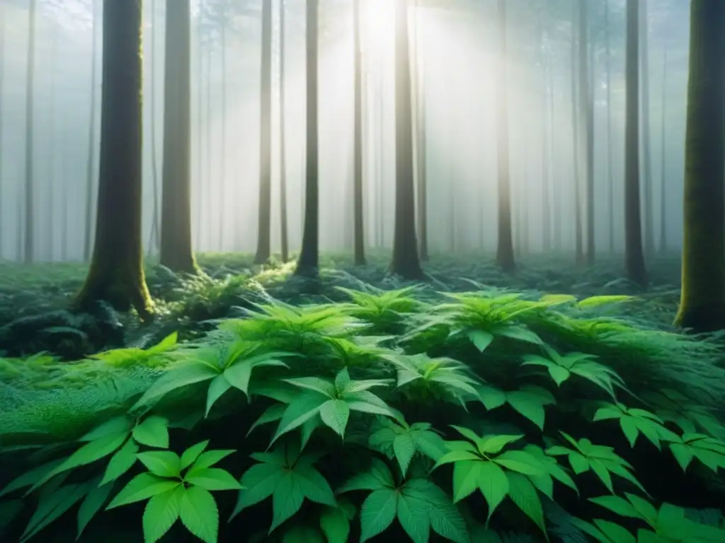 Un bosque exuberante con luz solar filtrándose entre las copas de los árboles, reflejando un ecosistema vibrante en equilibrio