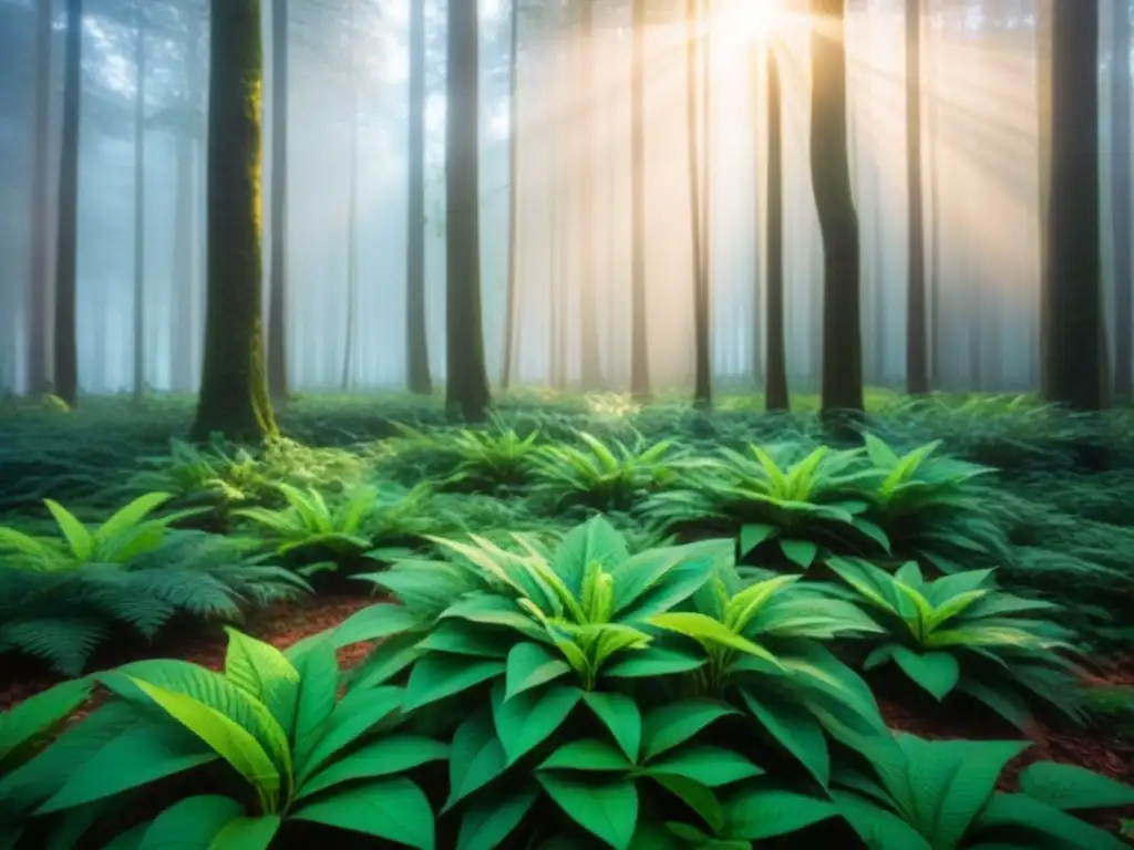 Un bosque exuberante con luz solar filtrándose entre las hojas, transmitiendo belleza y sostenibilidad