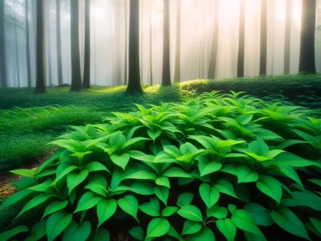 Un bosque exuberante con luz solar filtrándose entre las hojas, creando sombras suaves en el suelo