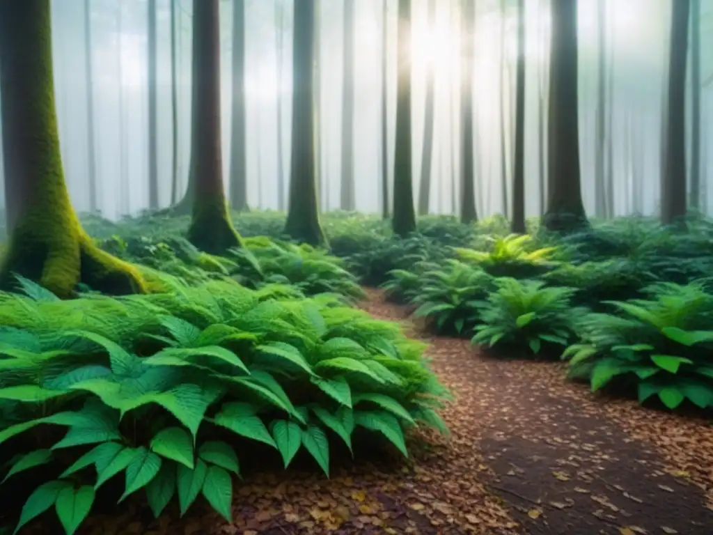 Un bosque exuberante con luz solar filtrándose entre el dosel, creando sombras moteadas en el suelo del bosque