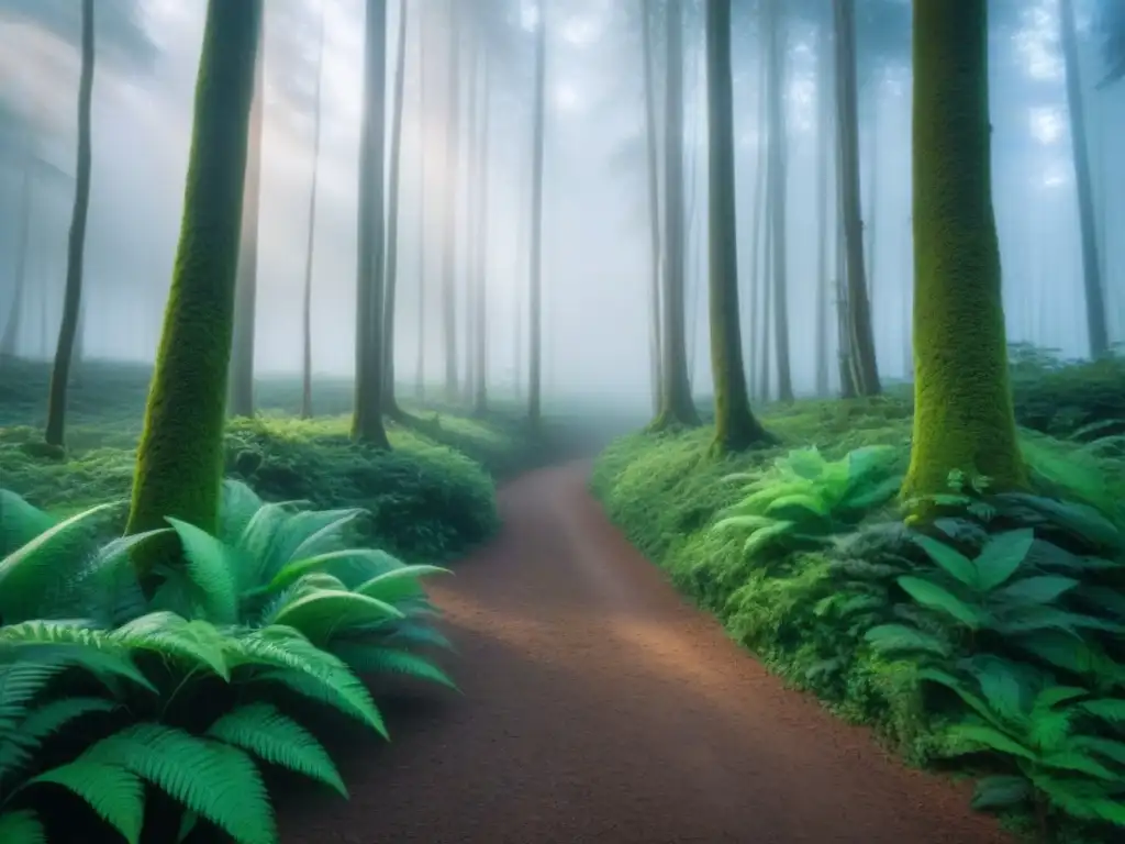 Un bosque exuberante con moda sostenible integrada, reflejando la armonía entre la naturaleza y las marcas moda sostenible cambio industria