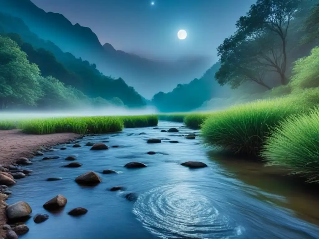 Un bosque exuberante en la noche, cielo estrellado y arroyo reflejando la luna